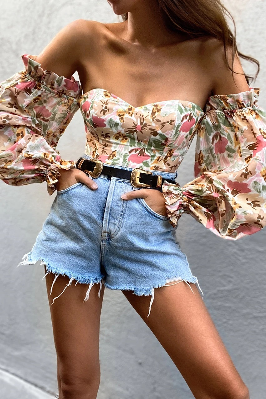 Off-shoulder Wrapped Chest Printed Lantern Sleeve Chiffon Shirt Blouse