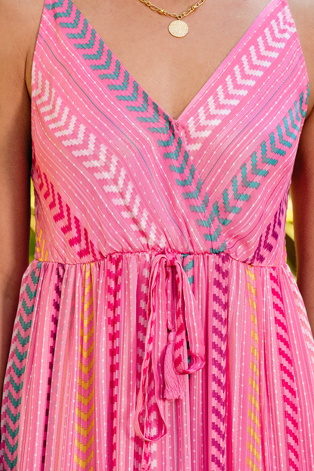 Pink Western Printed Tassel Tie V Neck Wrap Maxi Dress