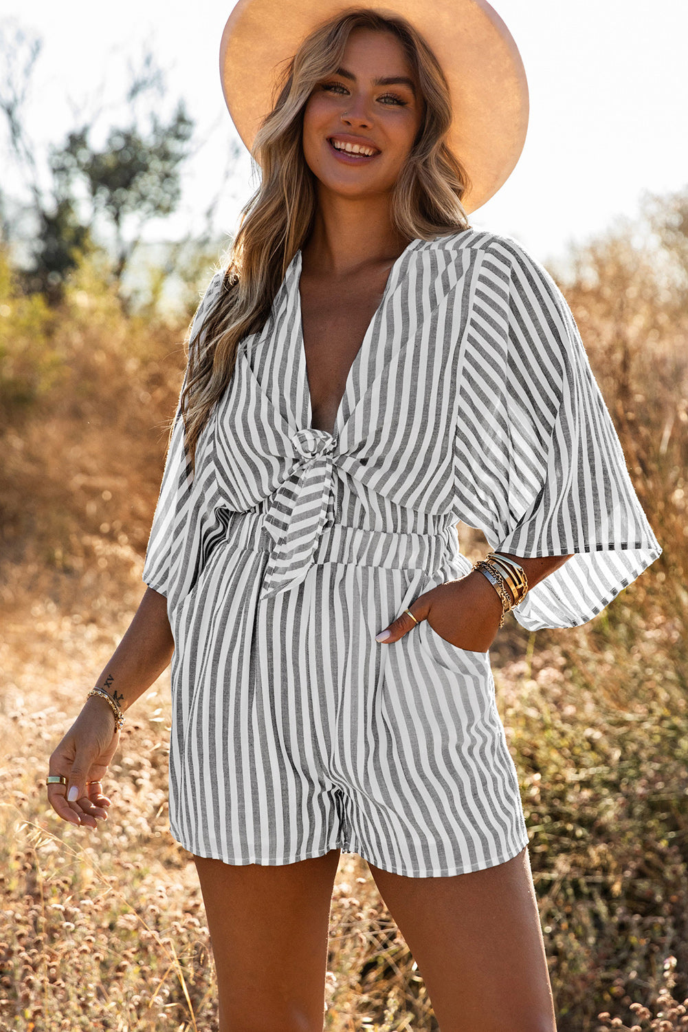 Gray 3/4 Wide Kimono Sleeves Striped Romper with Pockets