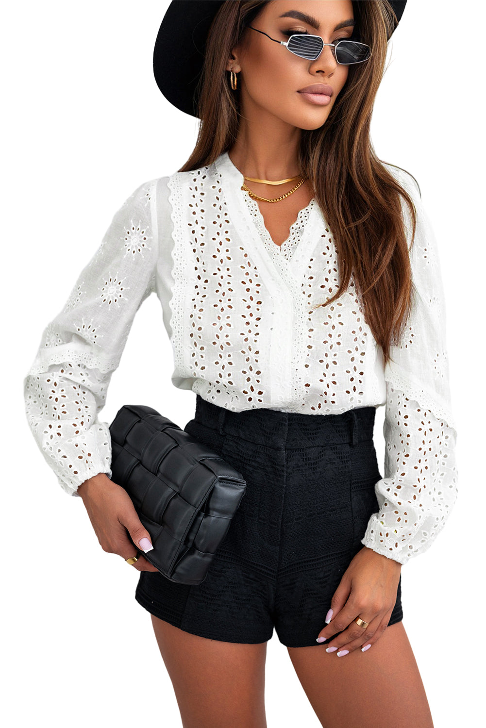 White Eyelet Lace Puff Sleeve Split Neck Blouse