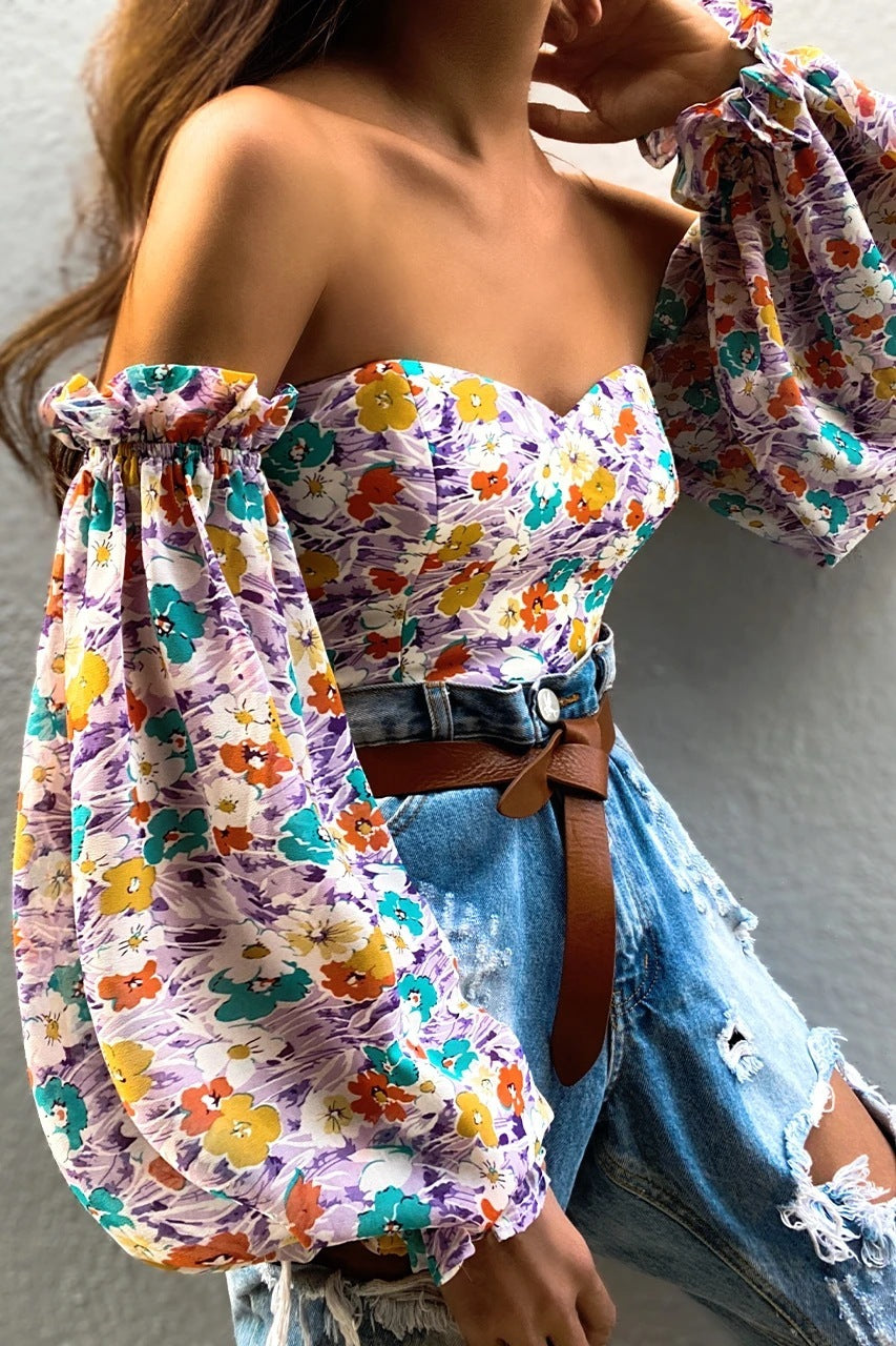 Off-shoulder Wrapped Chest Printed Lantern Sleeve Chiffon Shirt Blouse