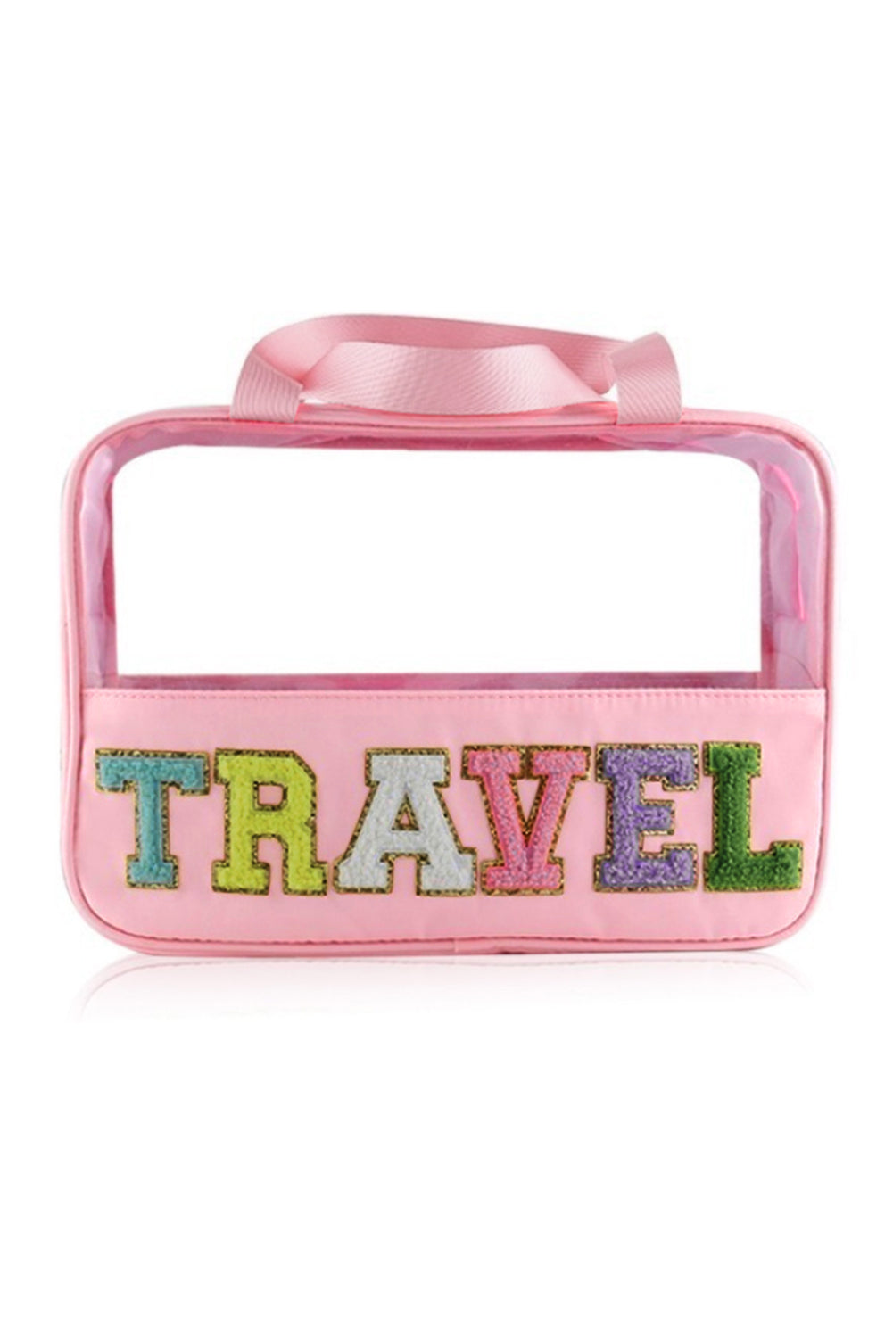 Bolsa de maquillaje de PVC transparente con letras de chenilla de viaje rosa claro