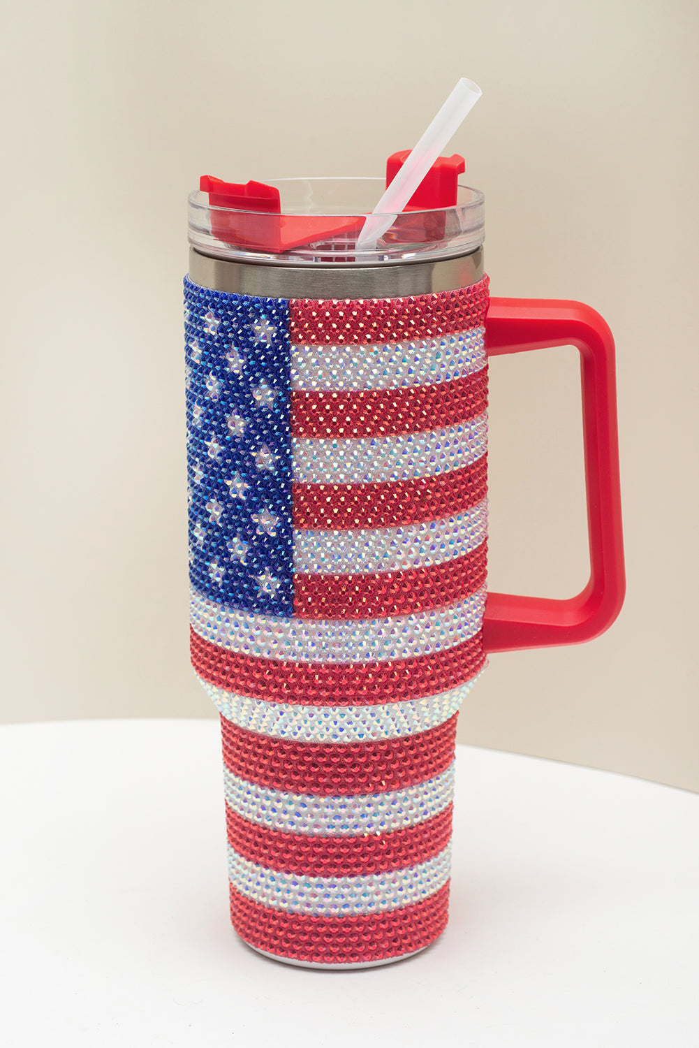 Red Rhinestone American Flag Print Handled 40oz Thermos Tumbler