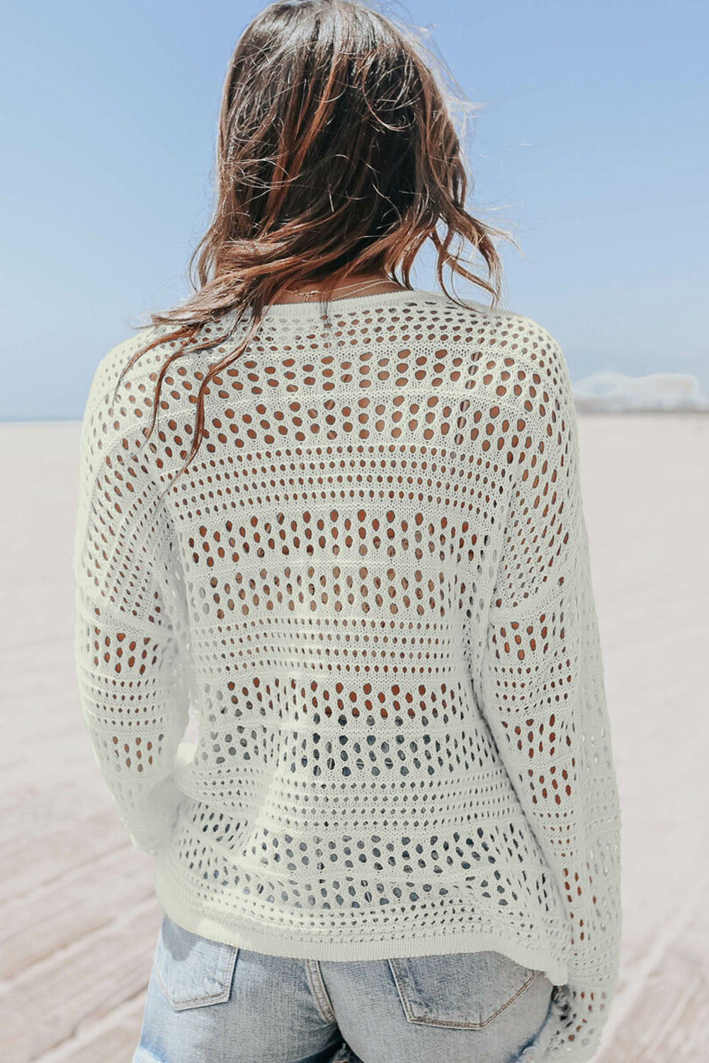 Jersey con cuello en V de crochet ahuecado blanco