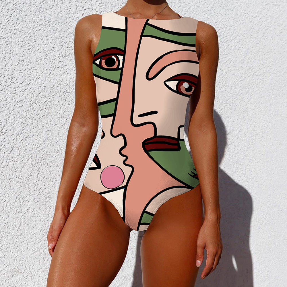 One-piece Vintage Abstract Print Swimsuit