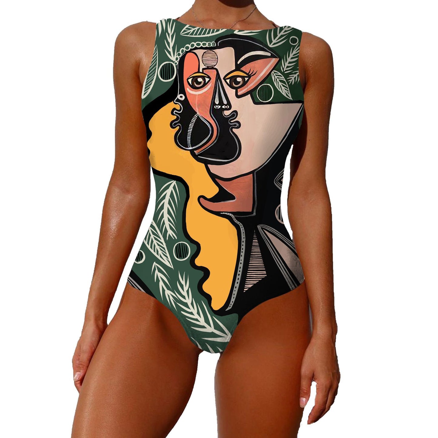 One-piece Vintage Abstract Print Swimsuit