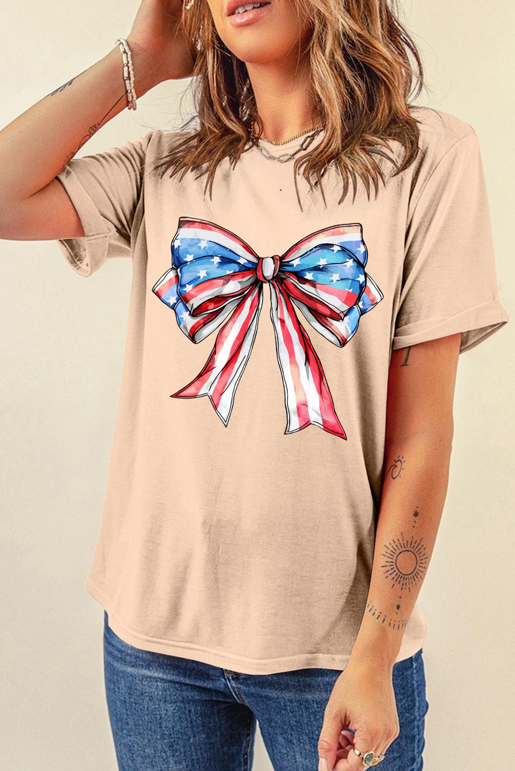 Khaki American Flag Bow Knot Print Round Neck T Shirt