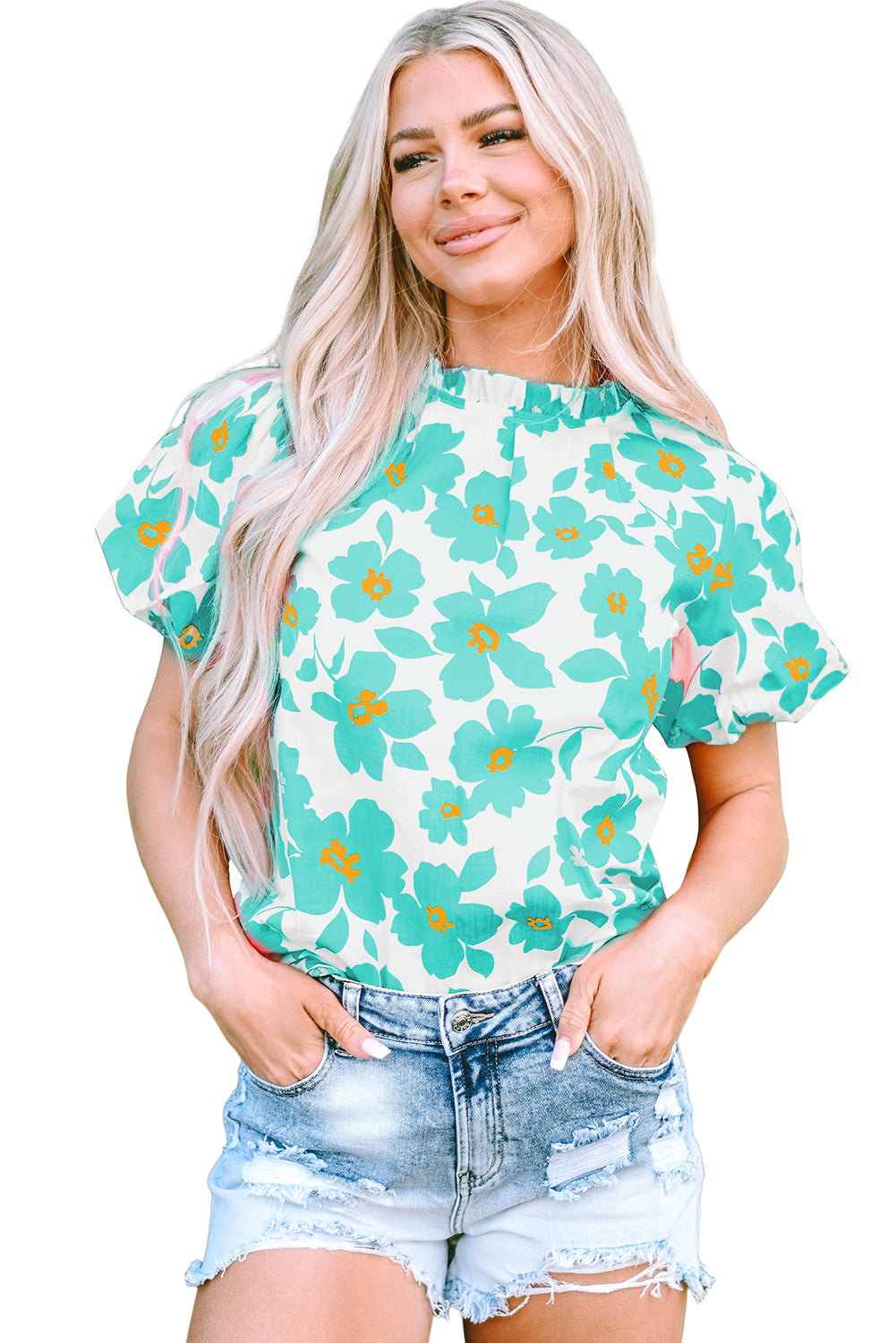 Blusa con escote con volantes y mangas abullonadas florales verdes