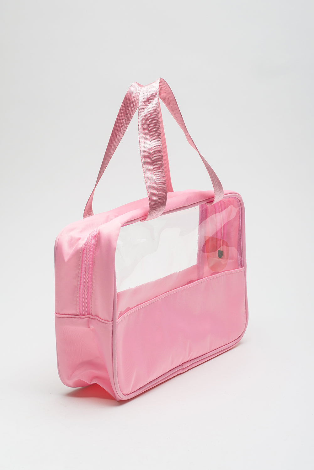 Bolsa de maquillaje de PVC transparente con letras de chenilla de viaje rosa claro