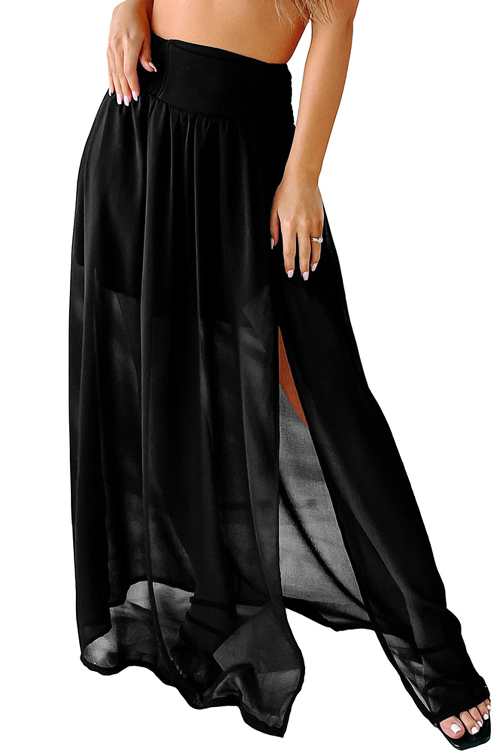 Black Shirred High Waist Chiffon Skirt