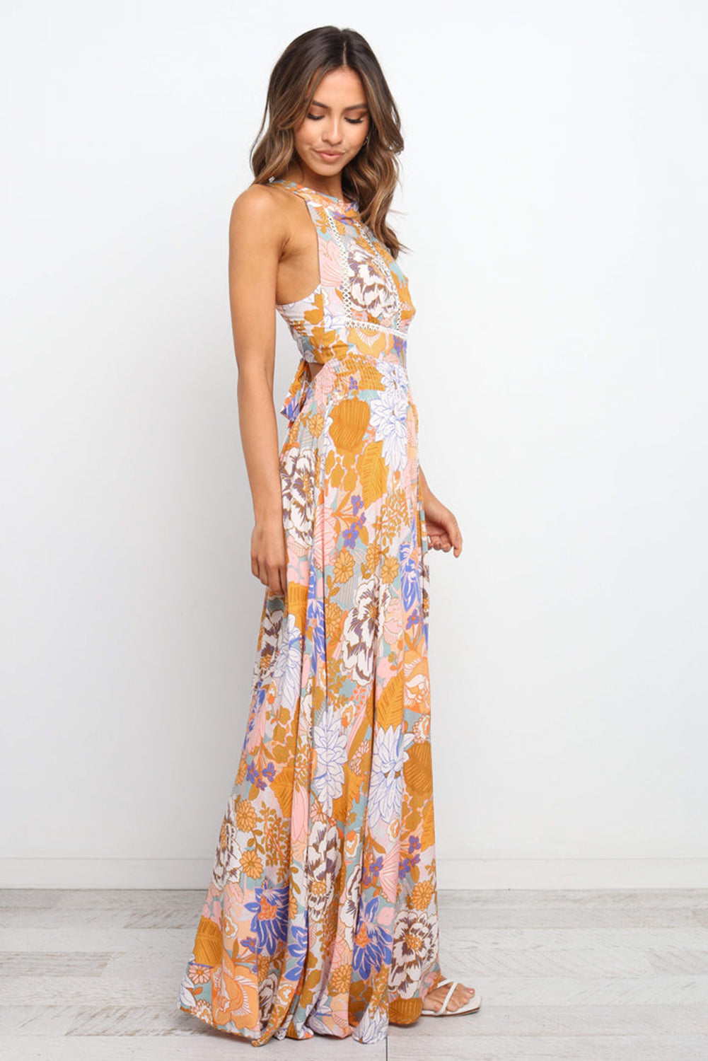 Vestido largo boho floral sin espalda con cordones sin mangas naranja