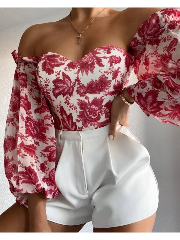 Off-shoulder Wrapped Chest Printed Lantern Sleeve Chiffon Shirt Blouse