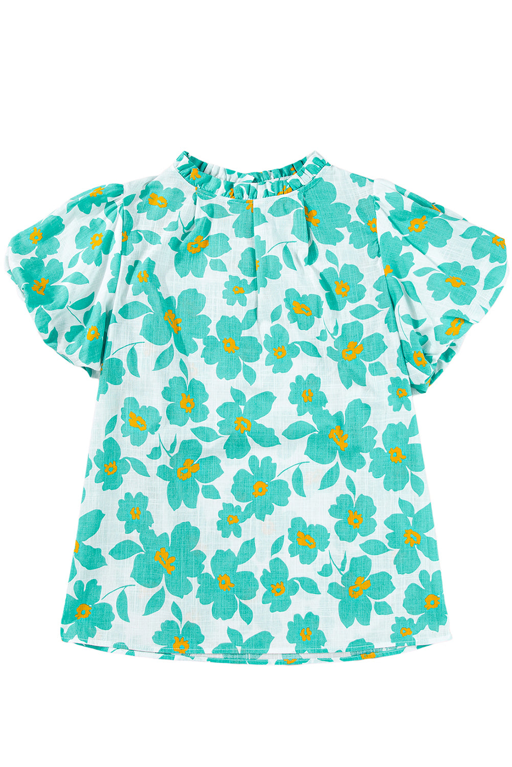 Blusa con escote con volantes y mangas abullonadas florales verdes