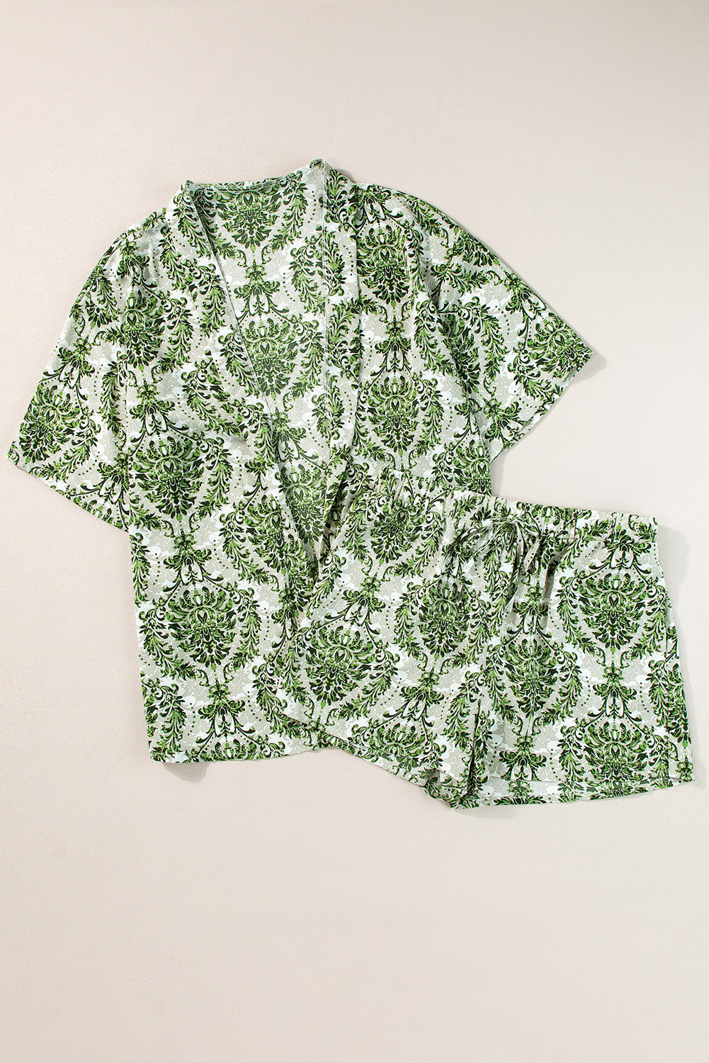 Green Vintage Floral Print Open Top and Shorts Outfit