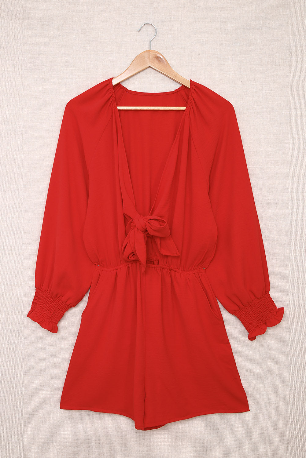 Fiery Red Tie Knot Puff Long Sleeve Romper