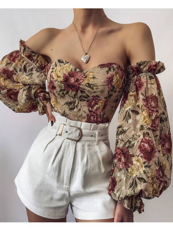 Off-shoulder Wrapped Chest Printed Lantern Sleeve Chiffon Shirt Blouse