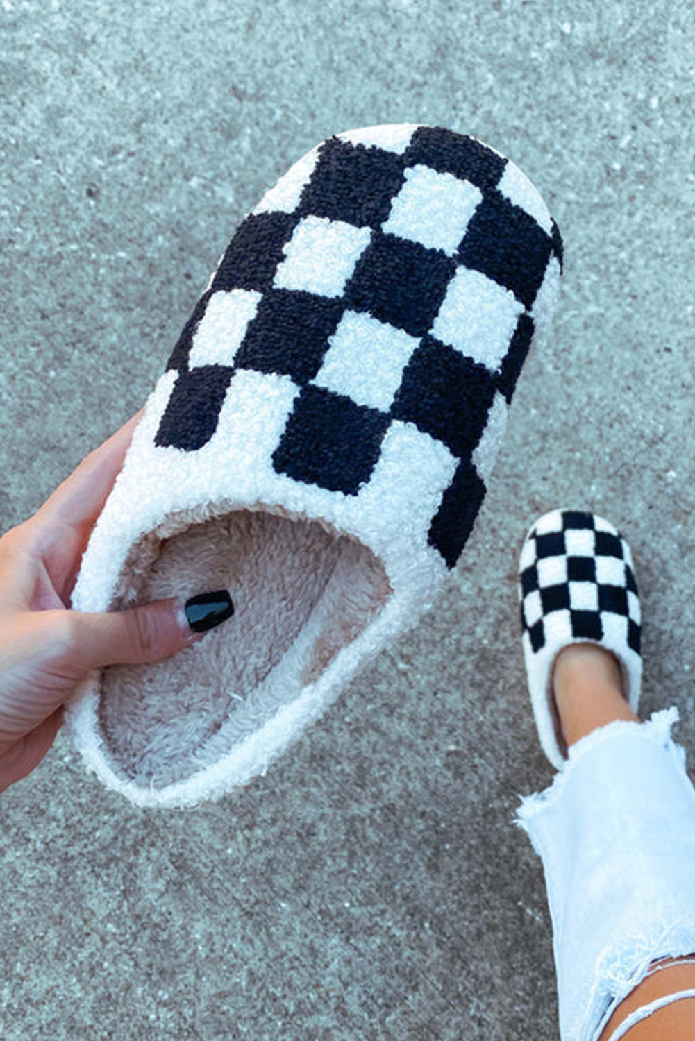 Black Checkered Print Fuzzy Slip On Slippers