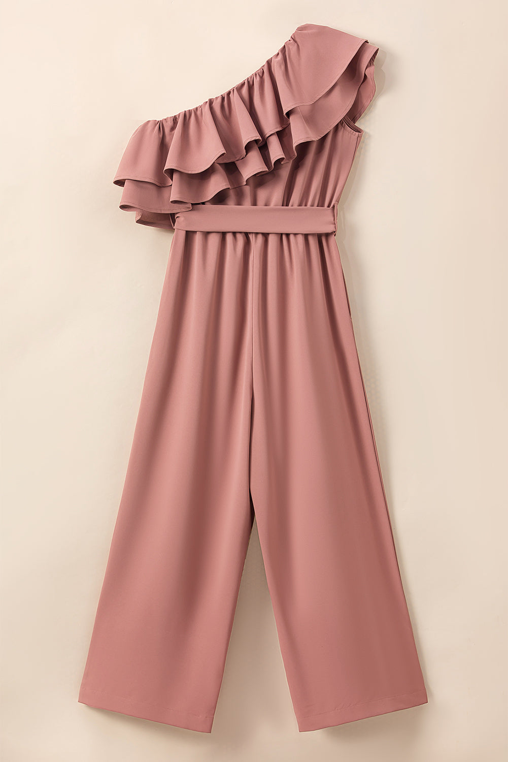 Dusty Pink One Shoulder Ruffle Trim Belted Jumpsuit