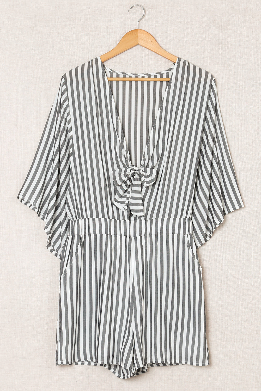 Gray 3/4 Wide Kimono Sleeves Striped Romper with Pockets