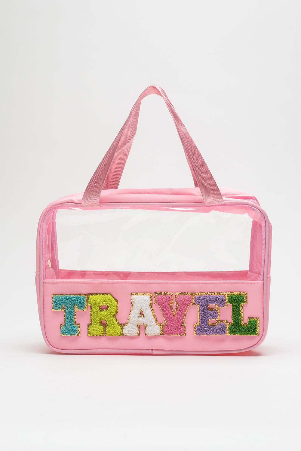 Bolsa de maquillaje de PVC transparente con letras de chenilla de viaje rosa claro