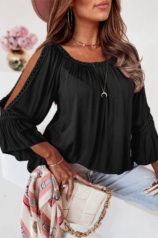 Black Lace Crochet Cut-Out Bracelet Sleeve Ruffle Blouse