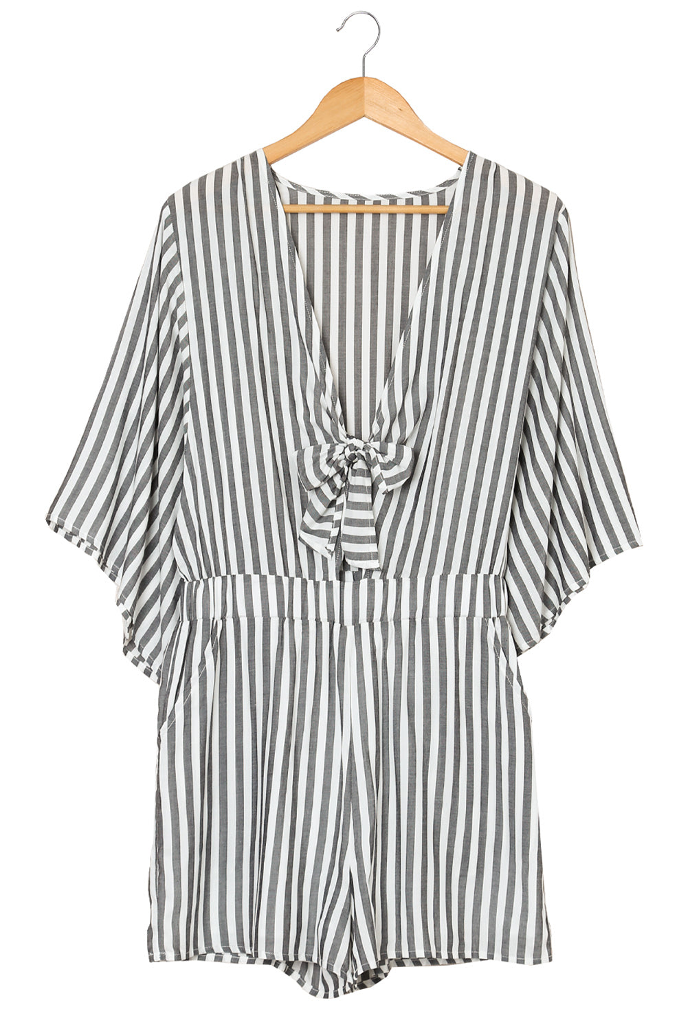 Gray 3/4 Wide Kimono Sleeves Striped Romper with Pockets