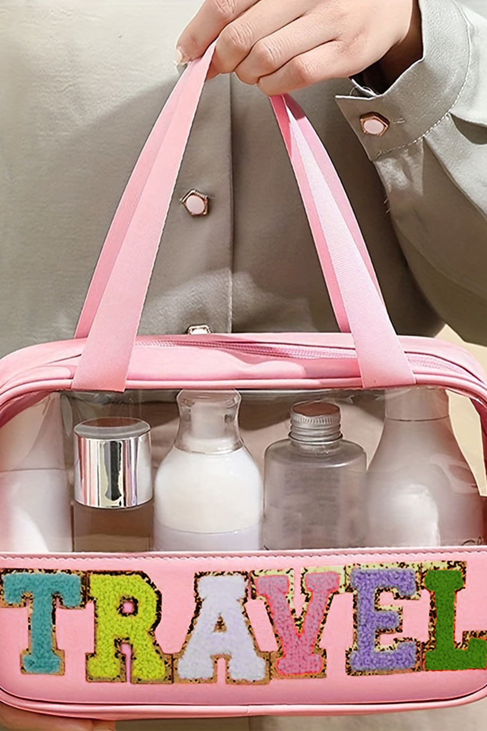 Bolsa de maquillaje de PVC transparente con letras de chenilla de viaje rosa claro