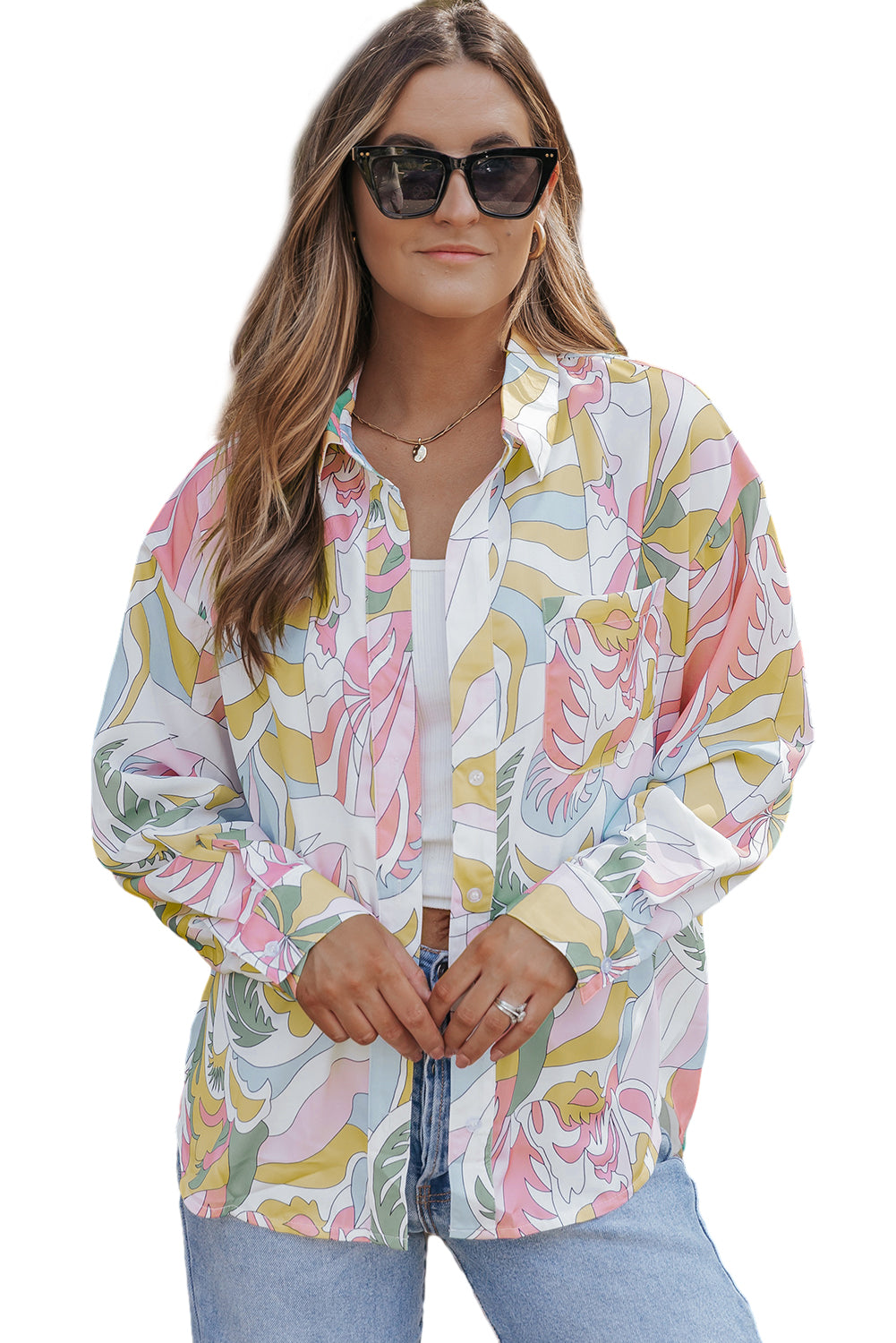 Multicolor Abstract Printed Turn-Down Collar Loose Shirt