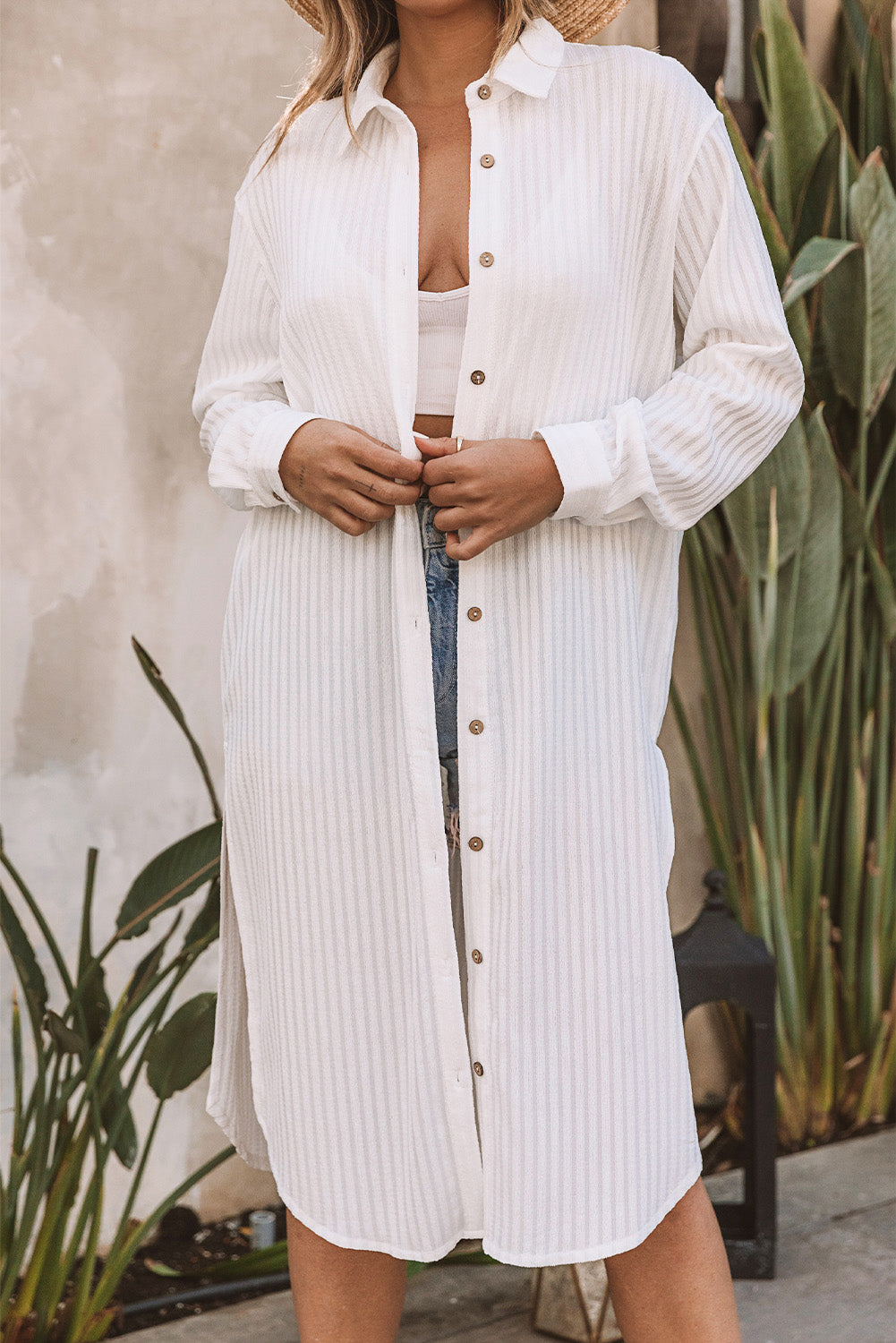 White Striped Crinkle Button Front Cover Up Shirt Dress