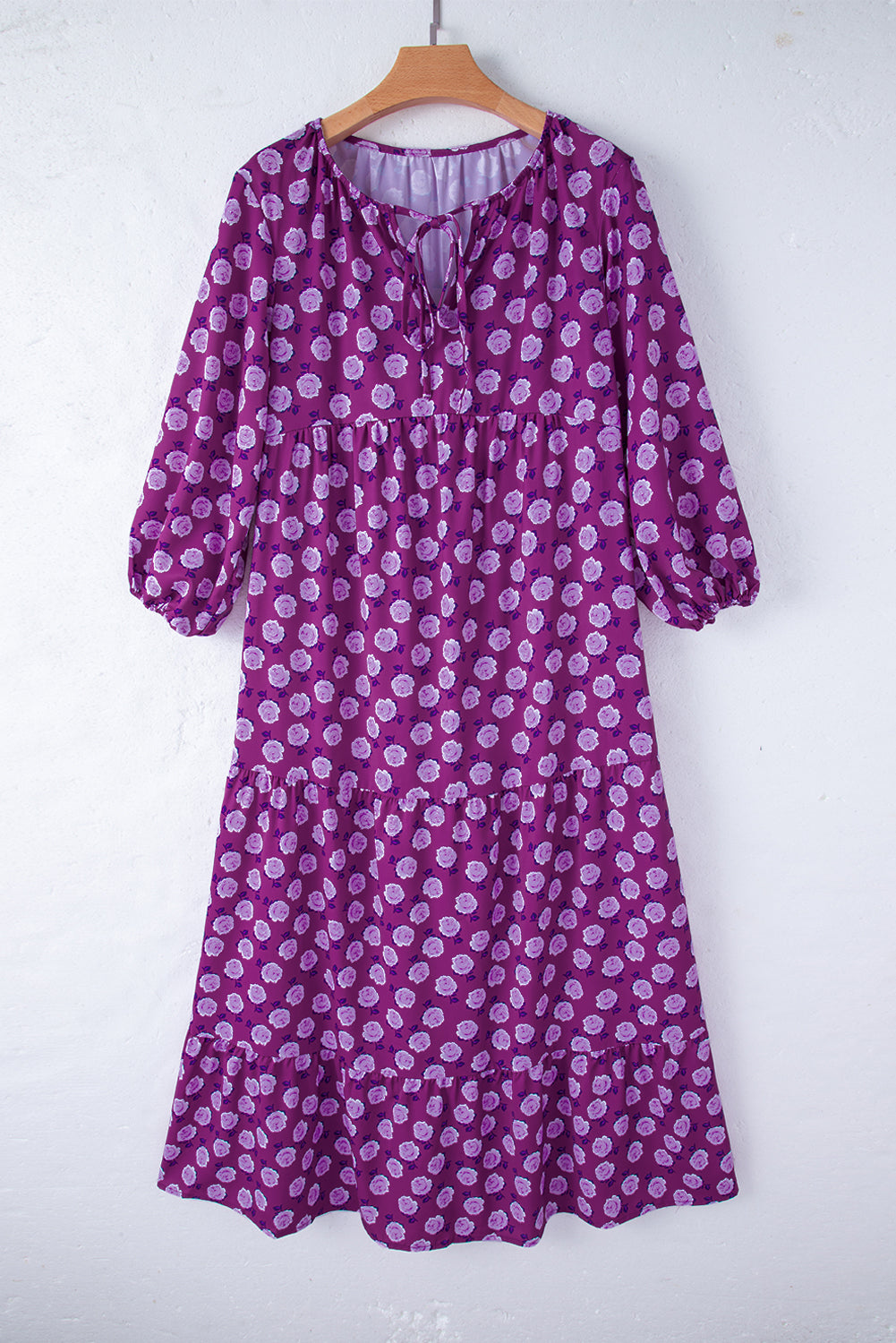 Vestido largo con mangas abullonadas y estampado bohemio morado