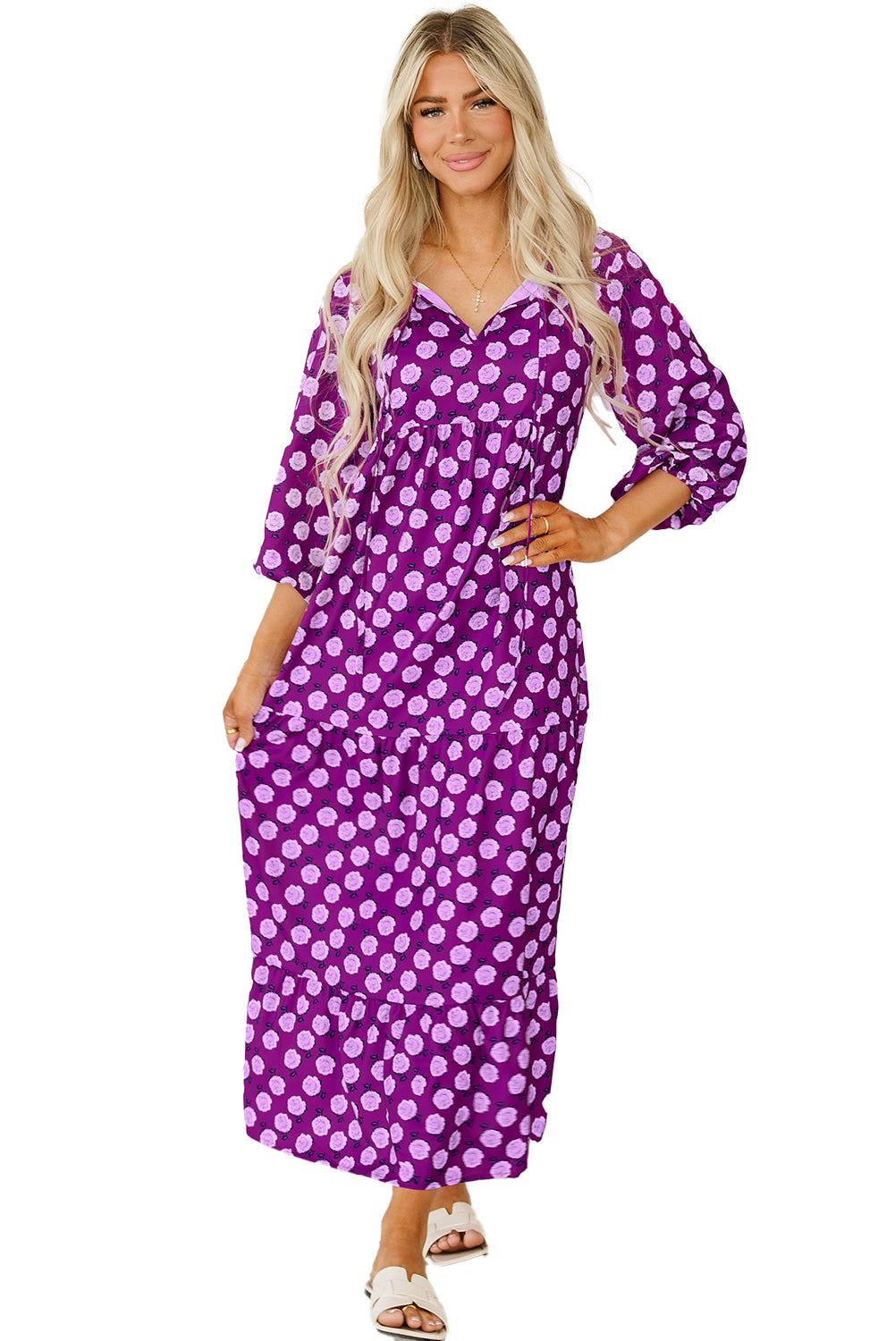 Purple Boho Printed Puff Sleeve Maxi Dress