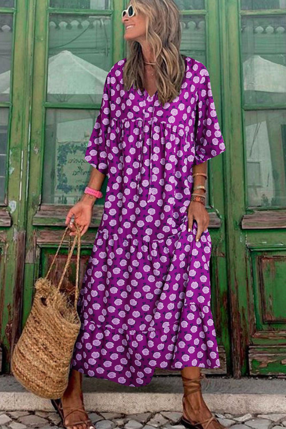 Vestido largo con mangas abullonadas y estampado bohemio morado