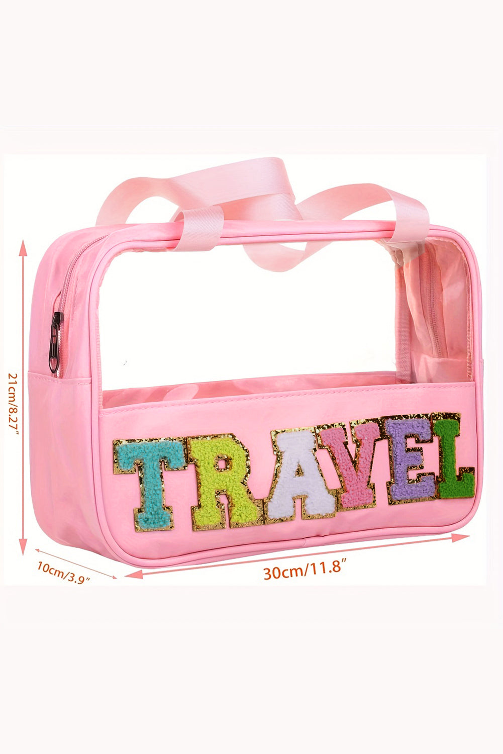 Bolsa de maquillaje de PVC transparente con letras de chenilla de viaje rosa claro