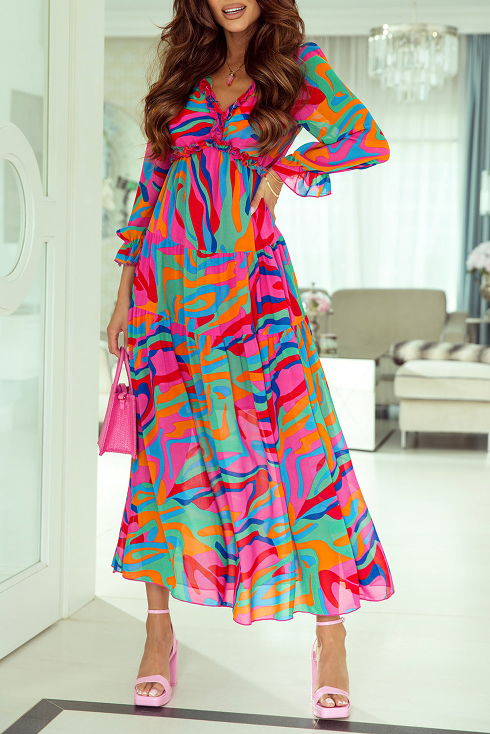 Multicolor Wild Lotus Ruffle Tiered Dress