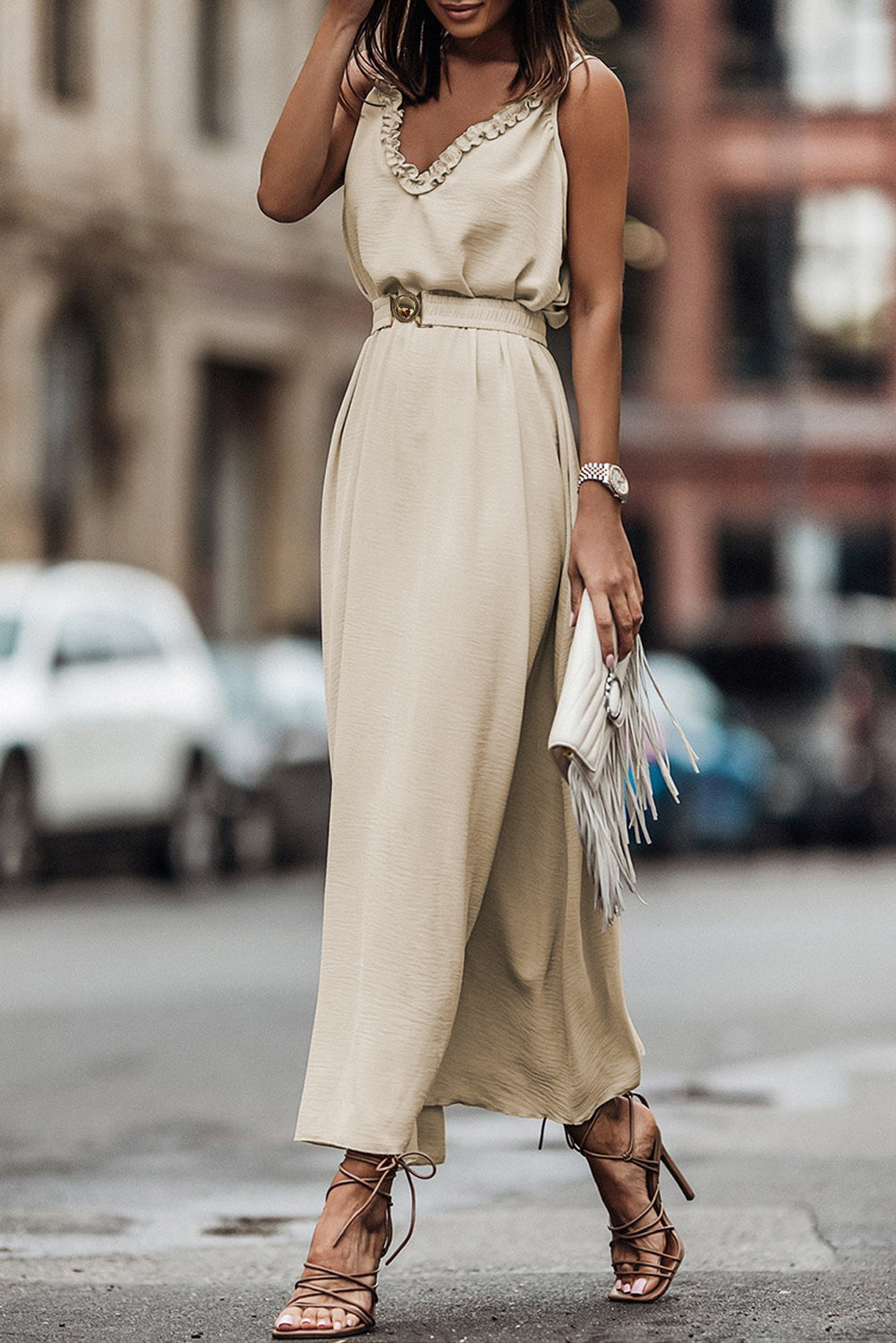 Apricot V Neck Sleeveless Dress