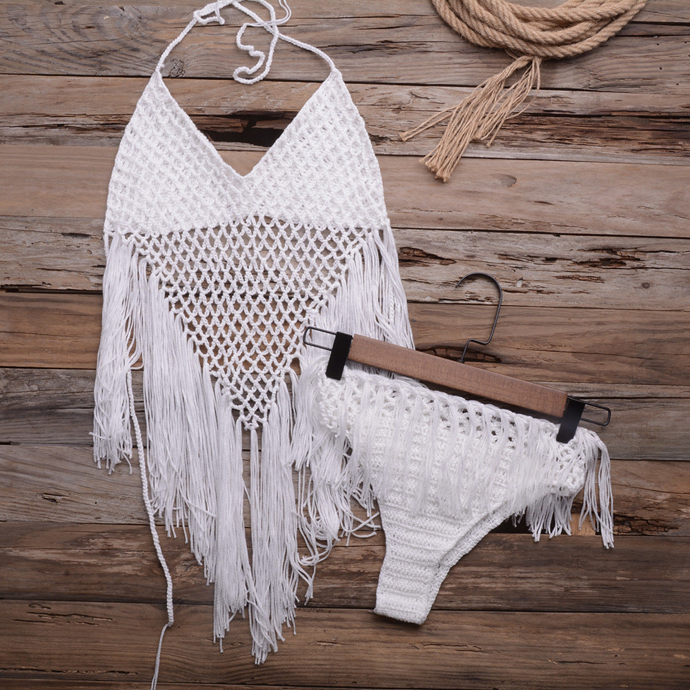 Hand-woven Beach Hollow Tassel Split Swimsuit