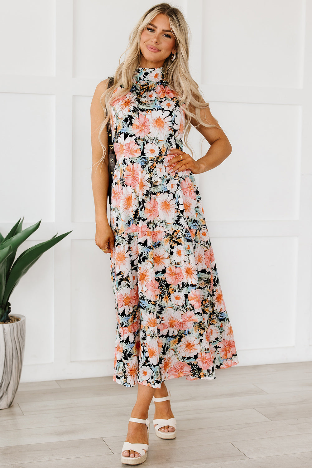 Black Boho Floral Print Knotted Halter Ruffled Maxi Dress