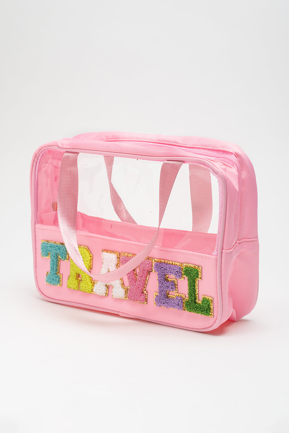 Bolsa de maquillaje de PVC transparente con letras de chenilla de viaje rosa claro