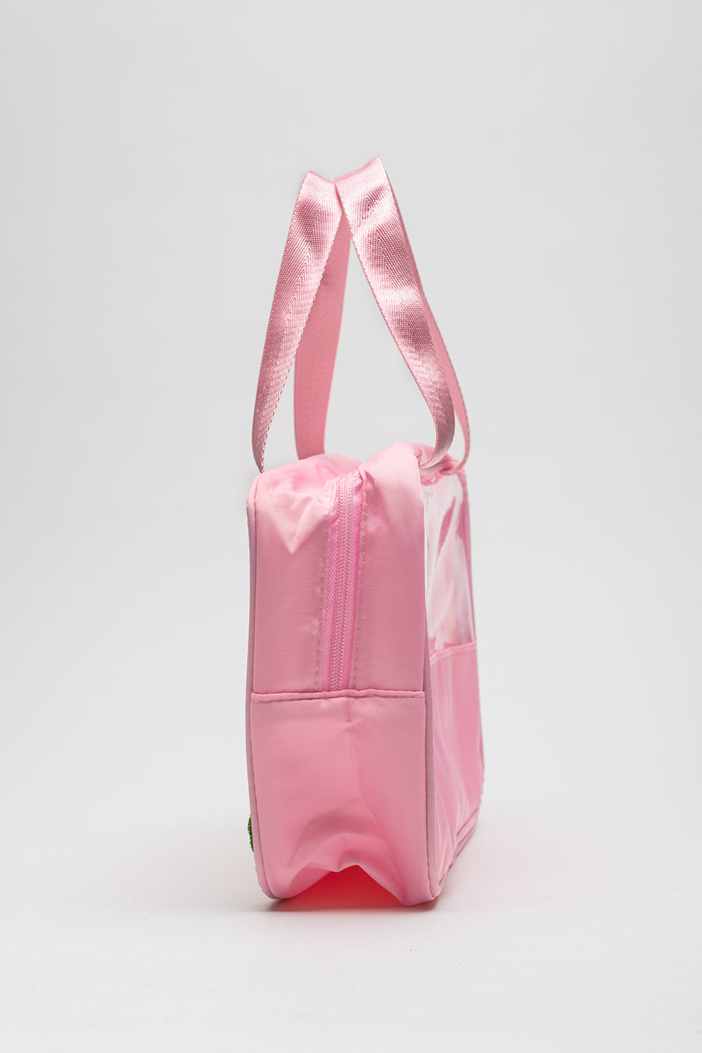 Bolsa de maquillaje de PVC transparente con letras de chenilla de viaje rosa claro