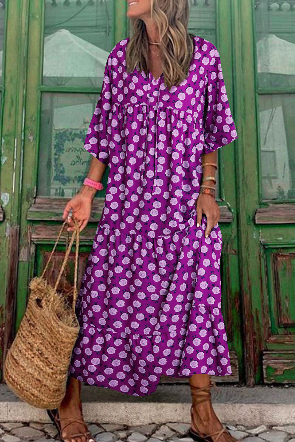 Vestido largo con mangas abullonadas y estampado bohemio morado