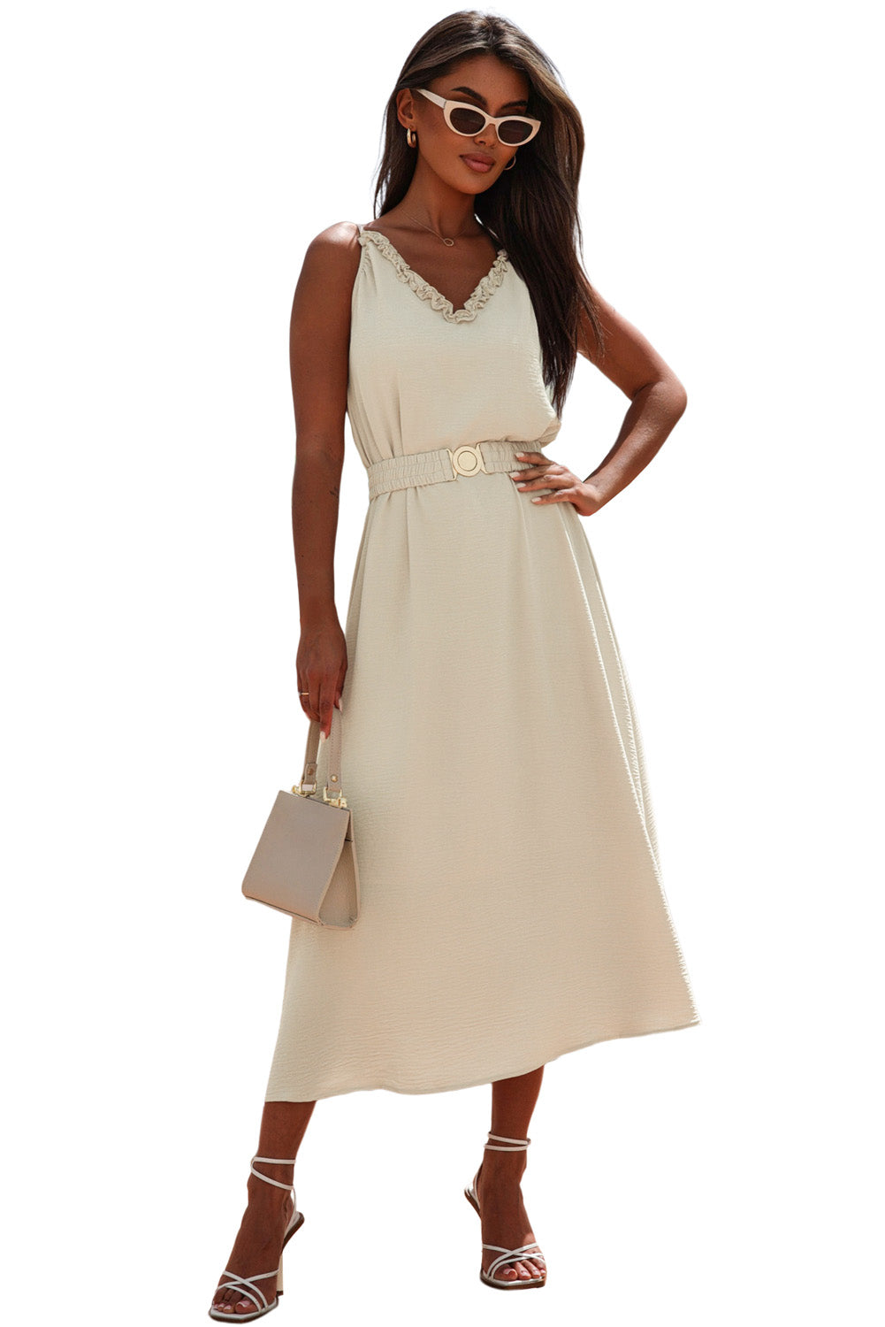 Apricot V Neck Sleeveless Dress