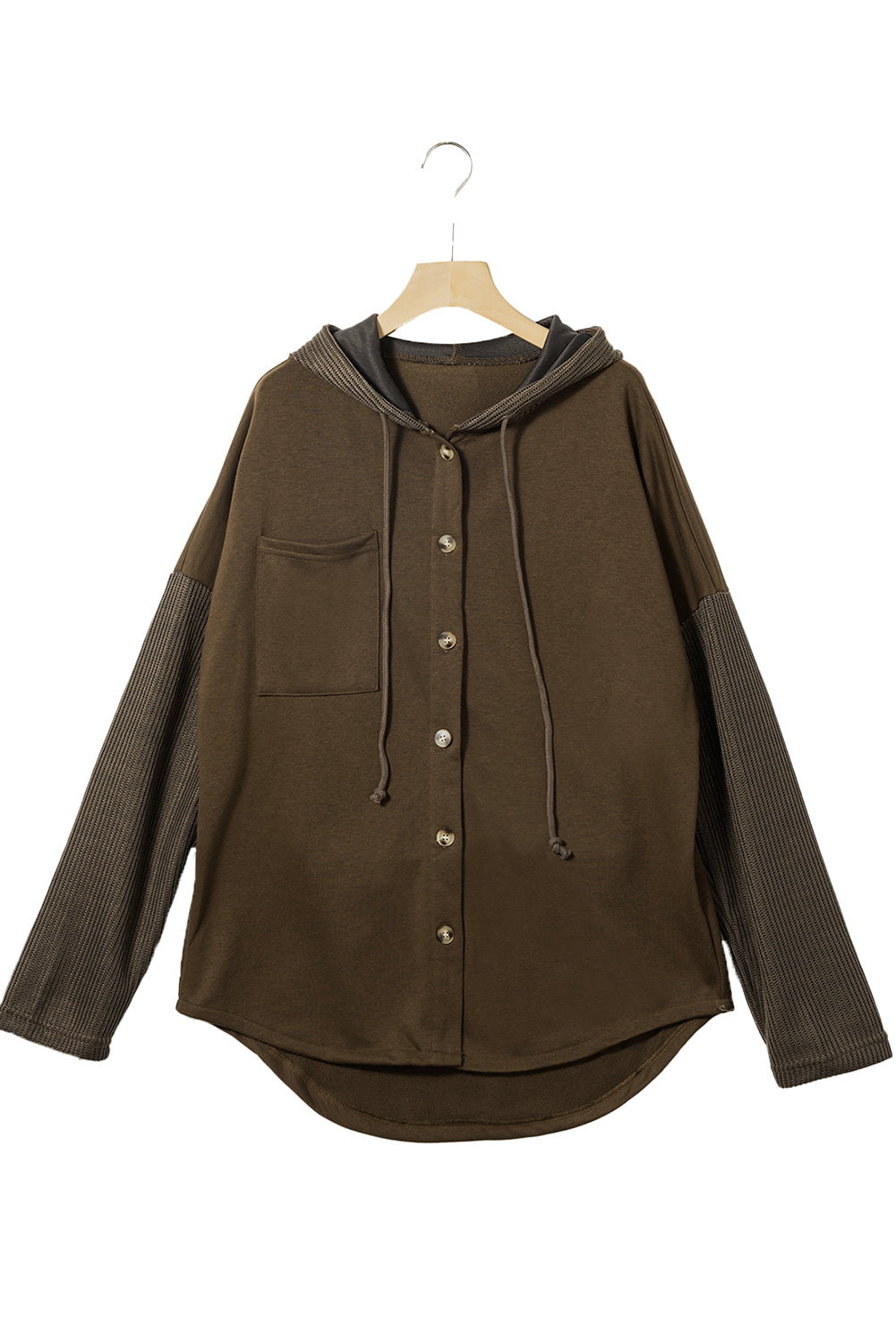 Dark Brown Button Up Contrast Knitted Sleeves Hooded Jacket