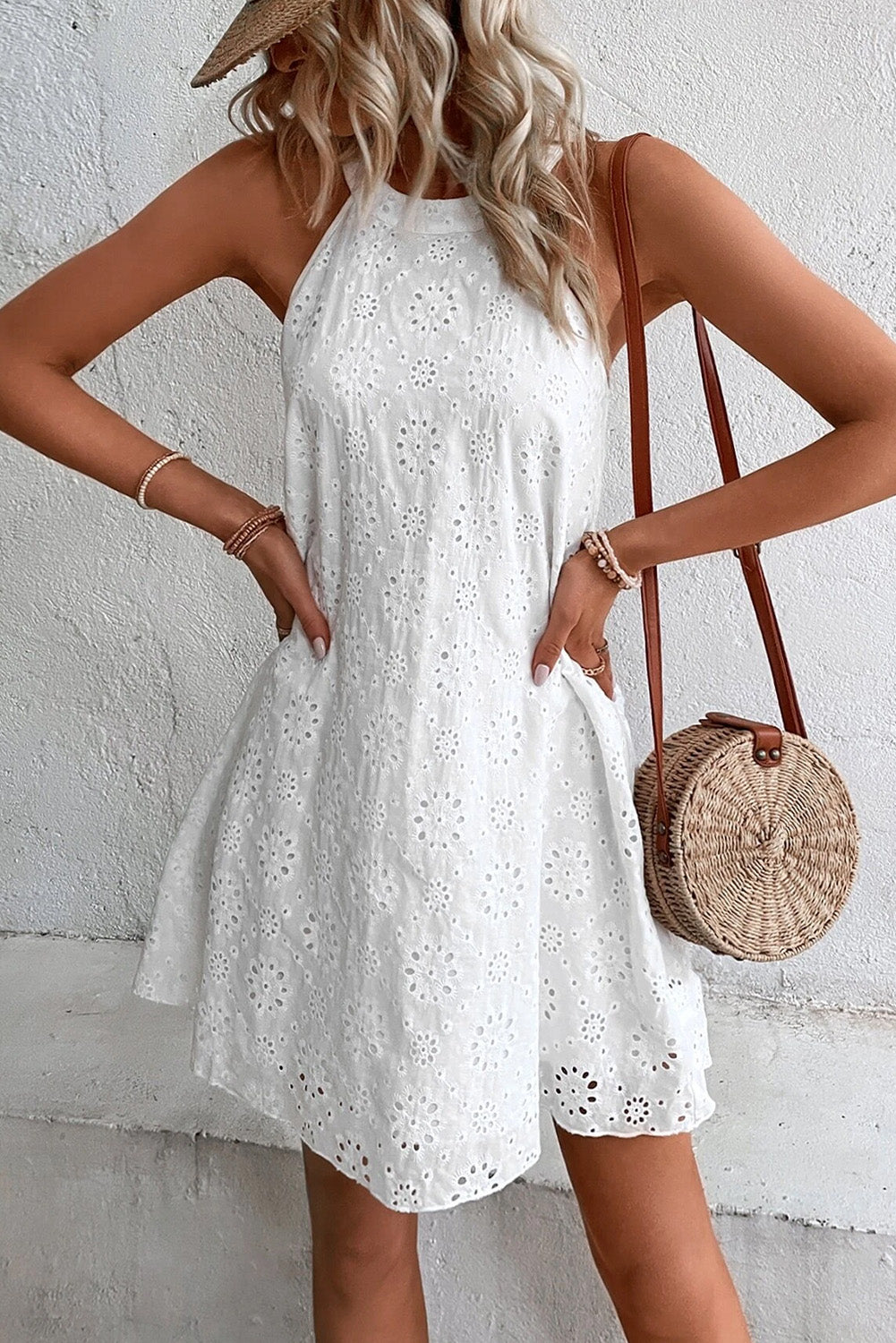 White Boho Halter Neck Sleeveless Dress