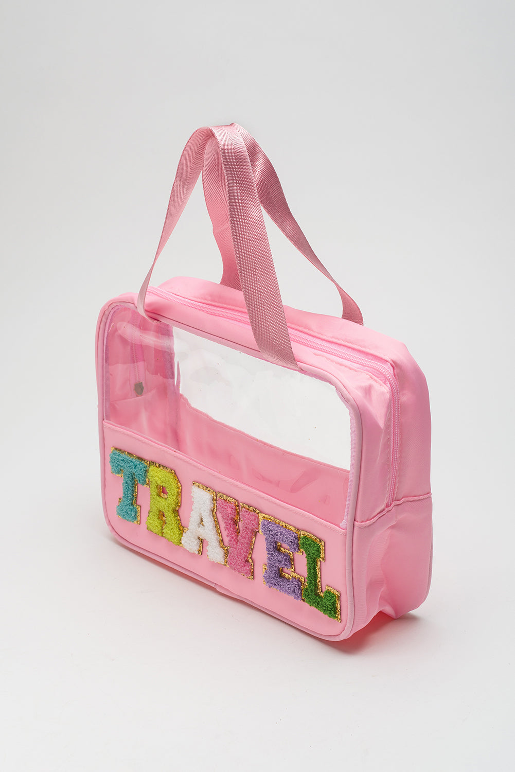 Bolsa de maquillaje de PVC transparente con letras de chenilla de viaje rosa claro