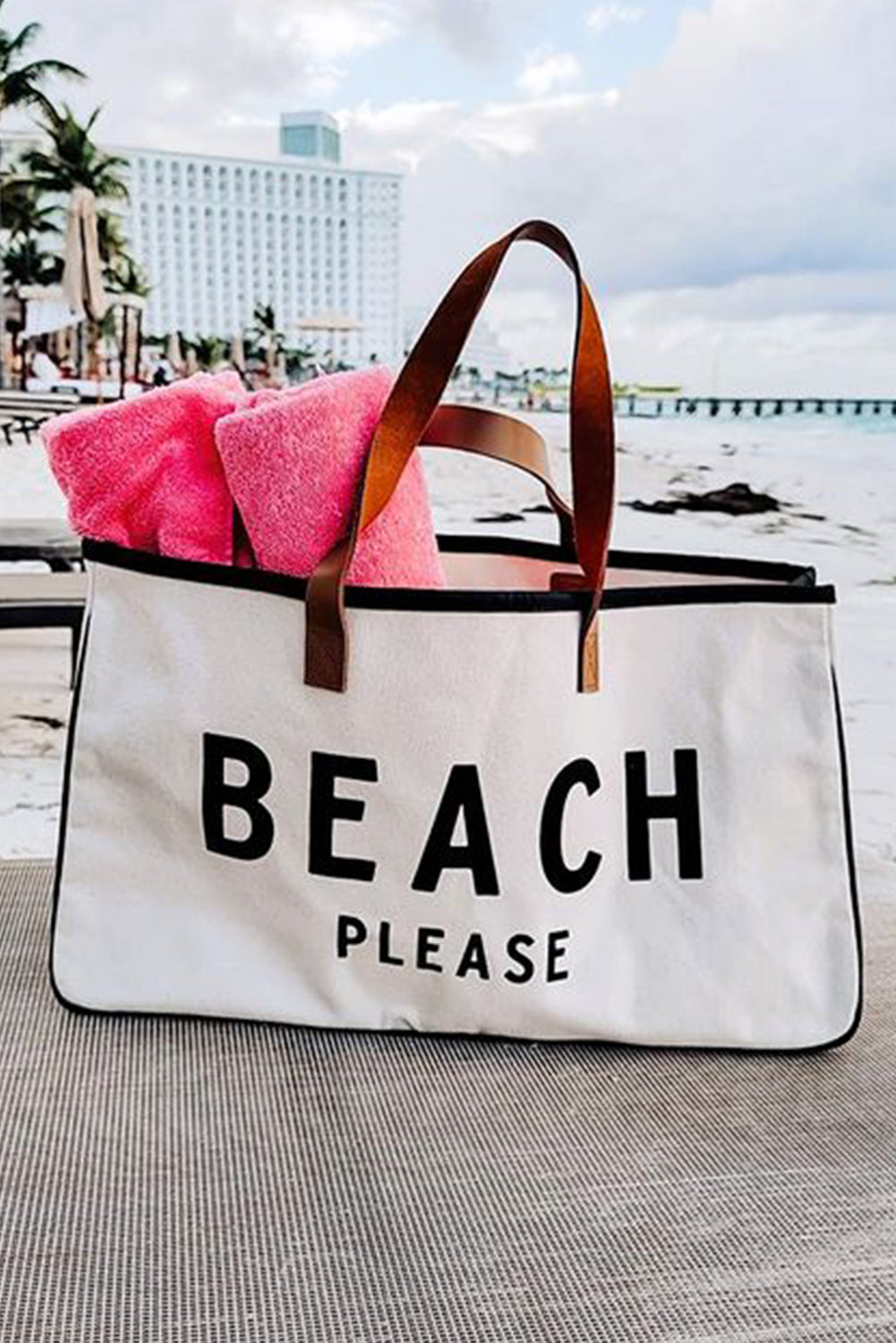 Bolsa tote de lona grande blanca con estampado PLAYA POR FAVOR