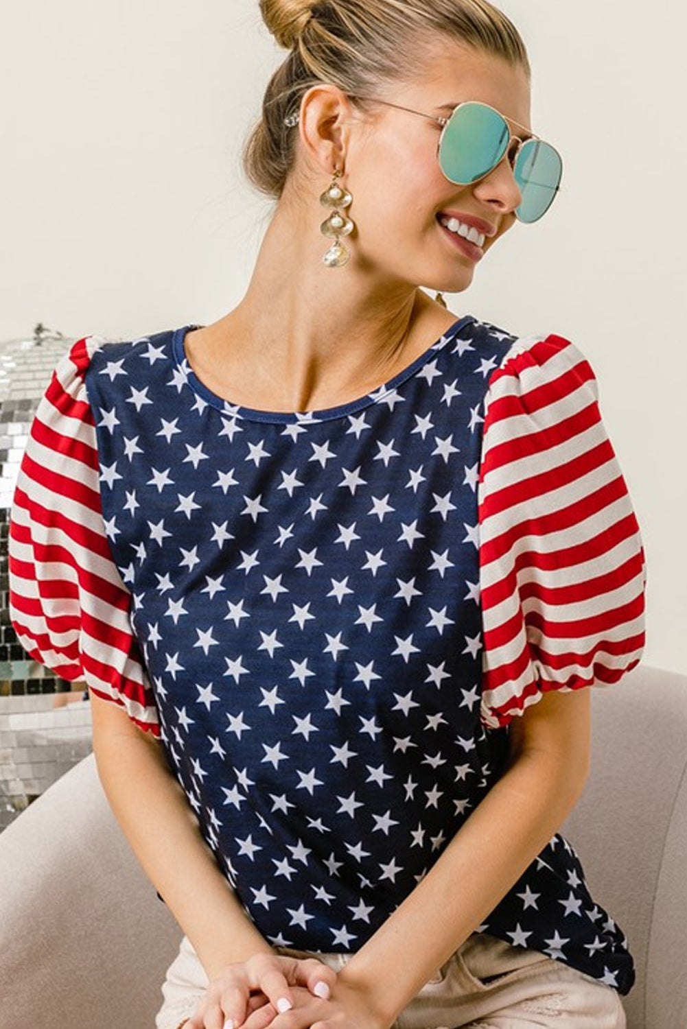 Navy Blue 4th Of July Stars Stripes Puff Sleeve T Shirt