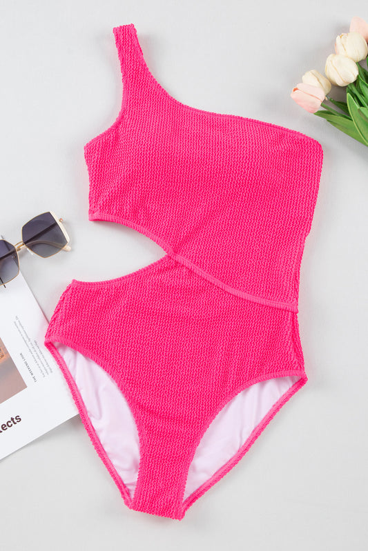 Monokini de un hombro con corte texturizado liso rosa brillante