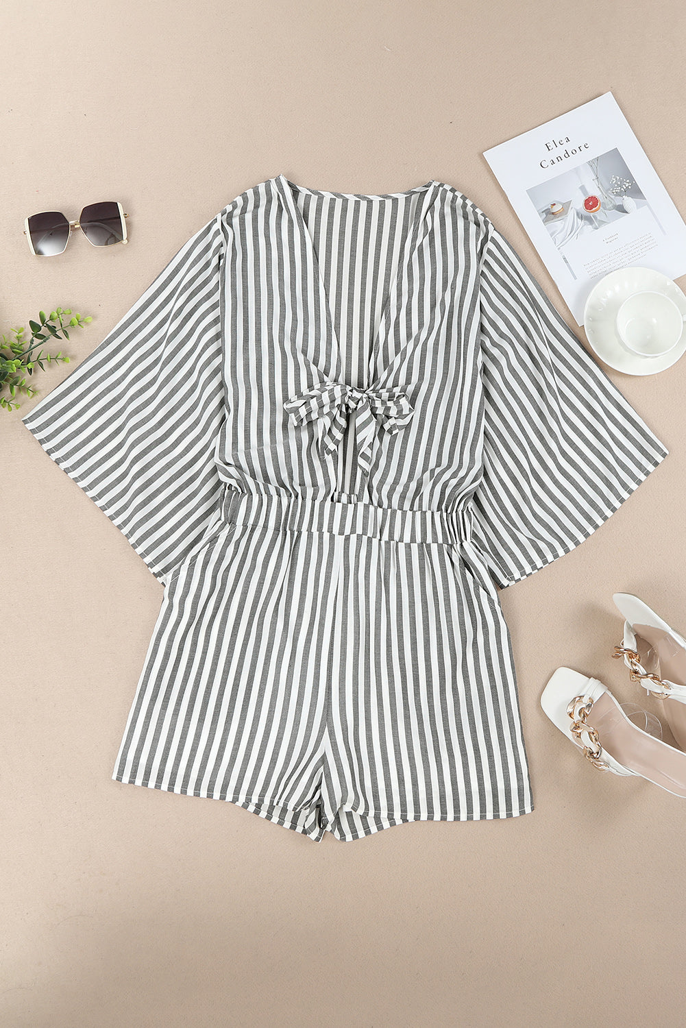 Gray 3/4 Wide Kimono Sleeves Striped Romper with Pockets