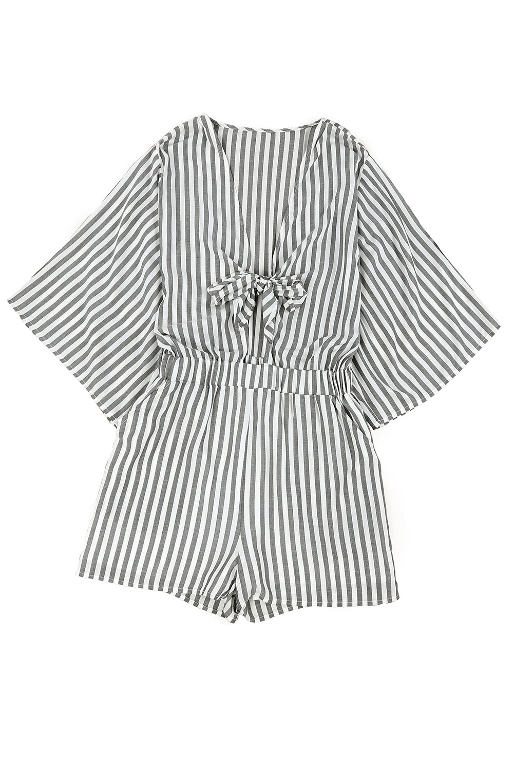 Gray 3/4 Wide Kimono Sleeves Striped Romper with Pockets