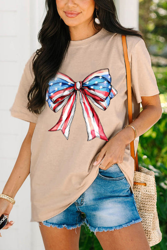 Khaki American Flag Bow Knot Print Round Neck T Shirt